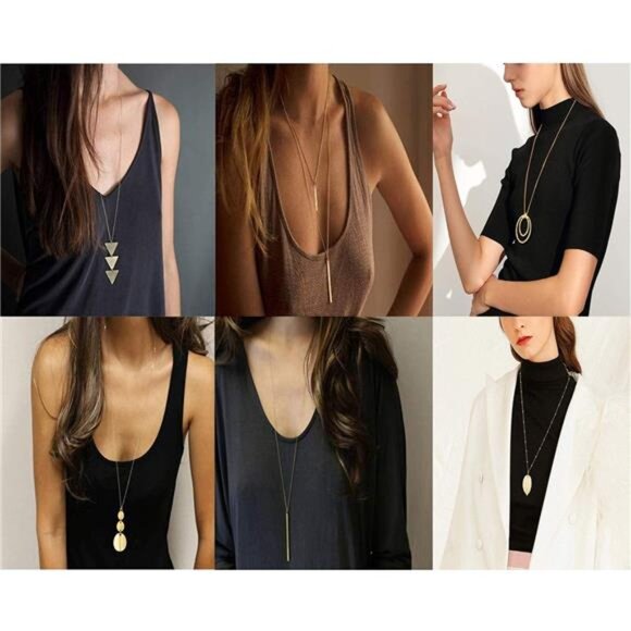 Women 6 PCS Long Pendant Necklace for Women Gold Bar Circle Leaf Triangle Set - Picture 2 of 6